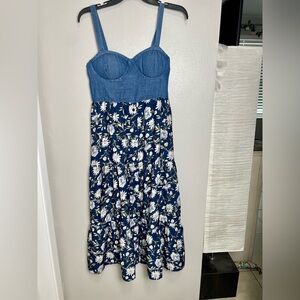 Floral Denim Corset Maxi Tiered Dress